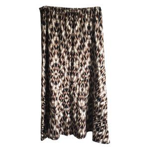NY Collection Skirt Brown Black Cream Print Jersey Stretch Ruffle Hem Large NEW